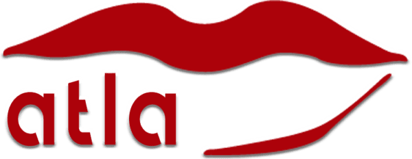 ATLA logo features a dark red icon of lips. in the bottom corner there is the name 'atla'