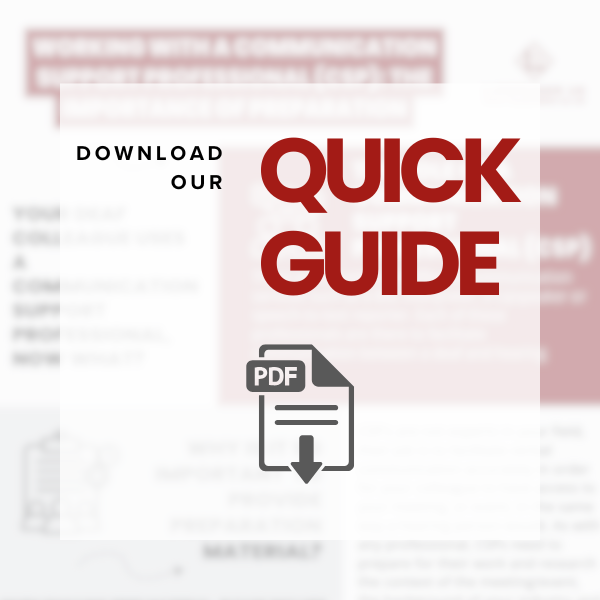 Graphic with text reading “Download our Quick Guide” and a PDF icon with a downward arrow. The blurred background shows a document about working with communication professionals.